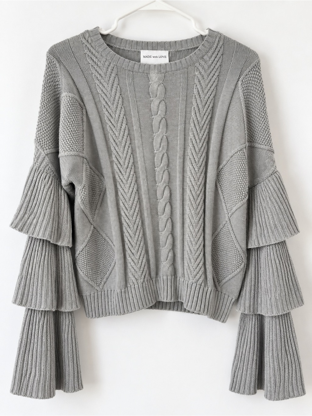 Gray Cable-Knit Ruffle-Sleeve Sweater
